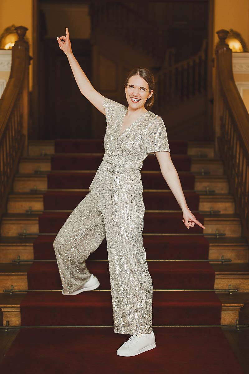 Alternative bride outfit sequin suit Dorset wedding Minterne House