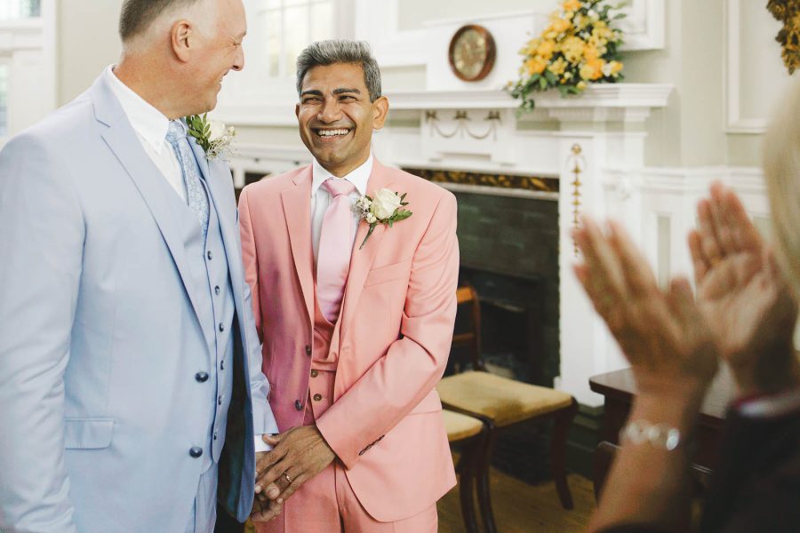 Happy couple during register office wedding ceremony Bournemouth Town Hall
