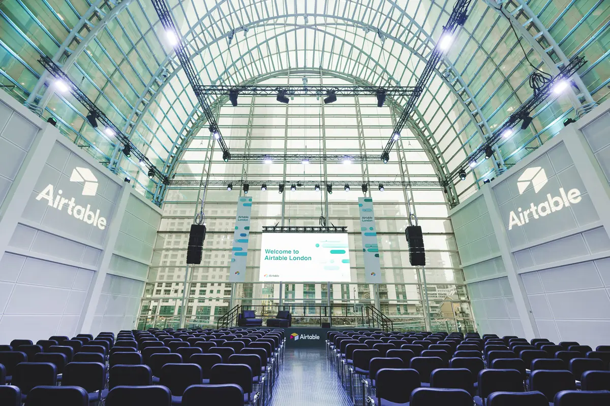 Corporate event stage setup and audience seating at a business event venue in London