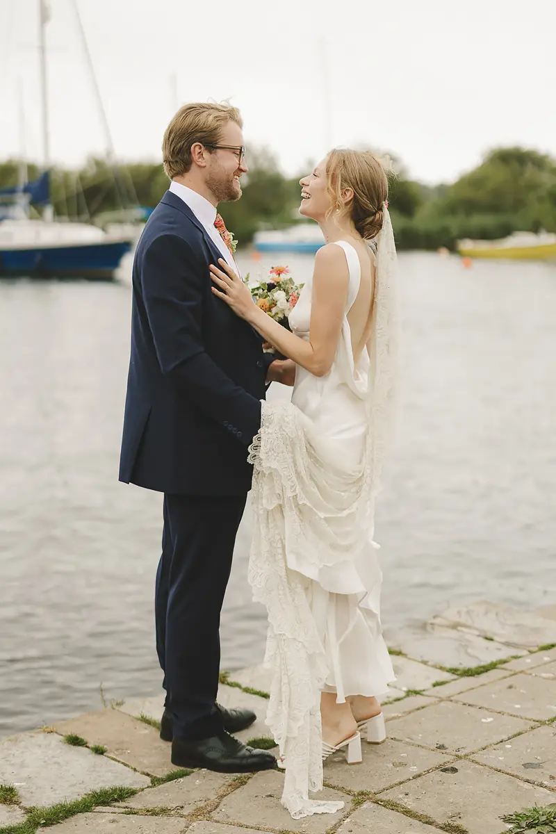 Editorial wedding portrait of Bride and Groom after ceremony in Christchurch Dorset