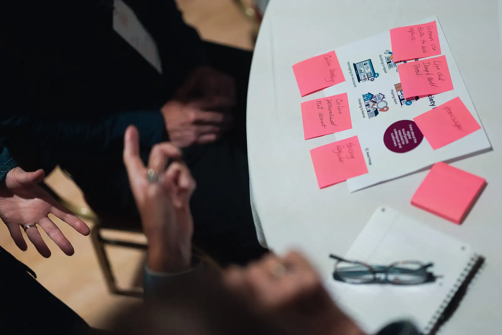 Close detail of post-it notes on a worksheet during a collaborative workshop task at a corporate away day event