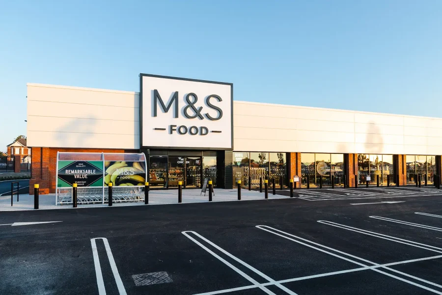 M&S Food frontage and entrance signage, photographed for the retail opening commission in Poole.