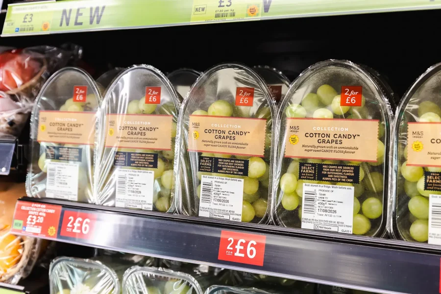 Close-up of packaged grapes and shelf labels from the commercial photography shoot in Poole.