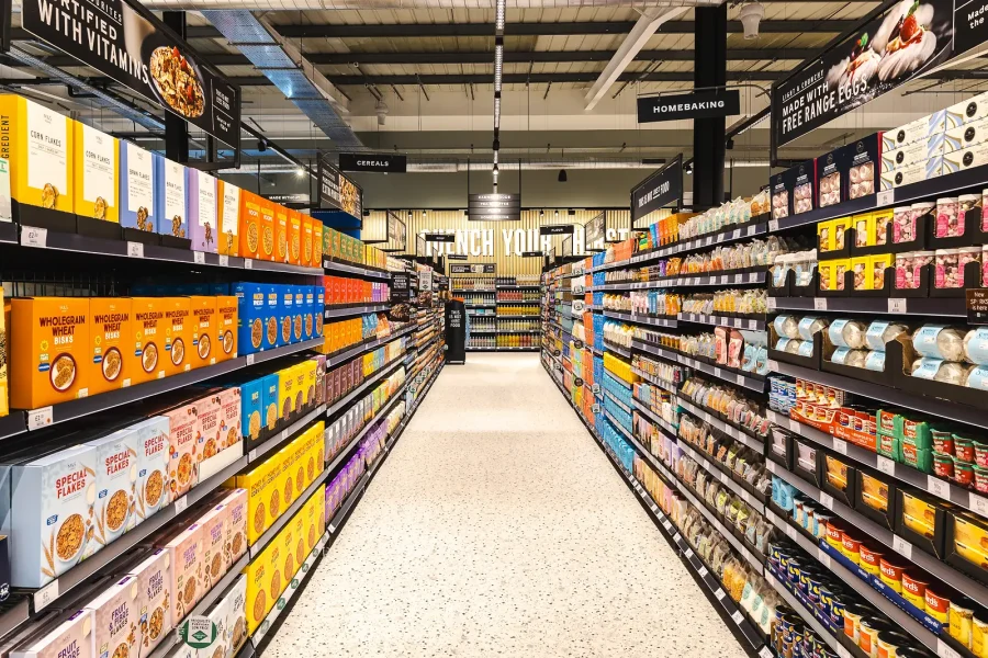 Stocked cereal shelves and overhead signs viewed along an aisle before the Poole store opening.