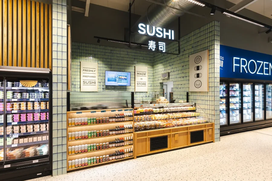 Sushi counter with tiled walls and illuminated branding, photographed for the Poole store launch.