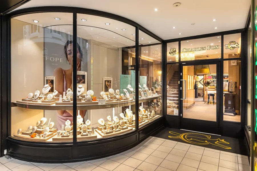 Curved glazed jewellery shopfront with illuminated displays and a view through the entrance into the shop.